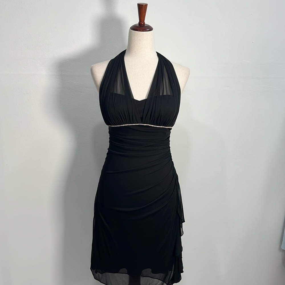 Vintage Black Halter Mini Dress Prom Club Disco